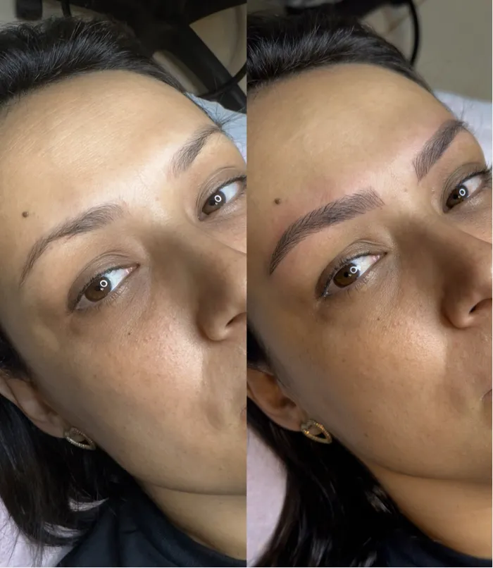 Antes e depois do design de sobrancelha, close no olhar