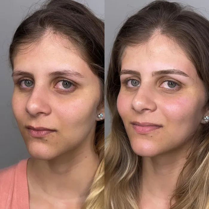 Antes e depois do design de sobrancelha, rosto completo